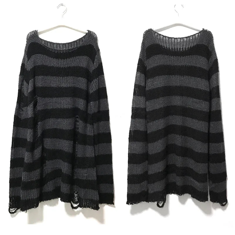 Unisex Punk Gothic Striped Hollow Sweater