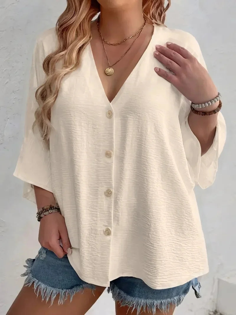 Women’s Plus-Size V-Neck Button T-Shirt