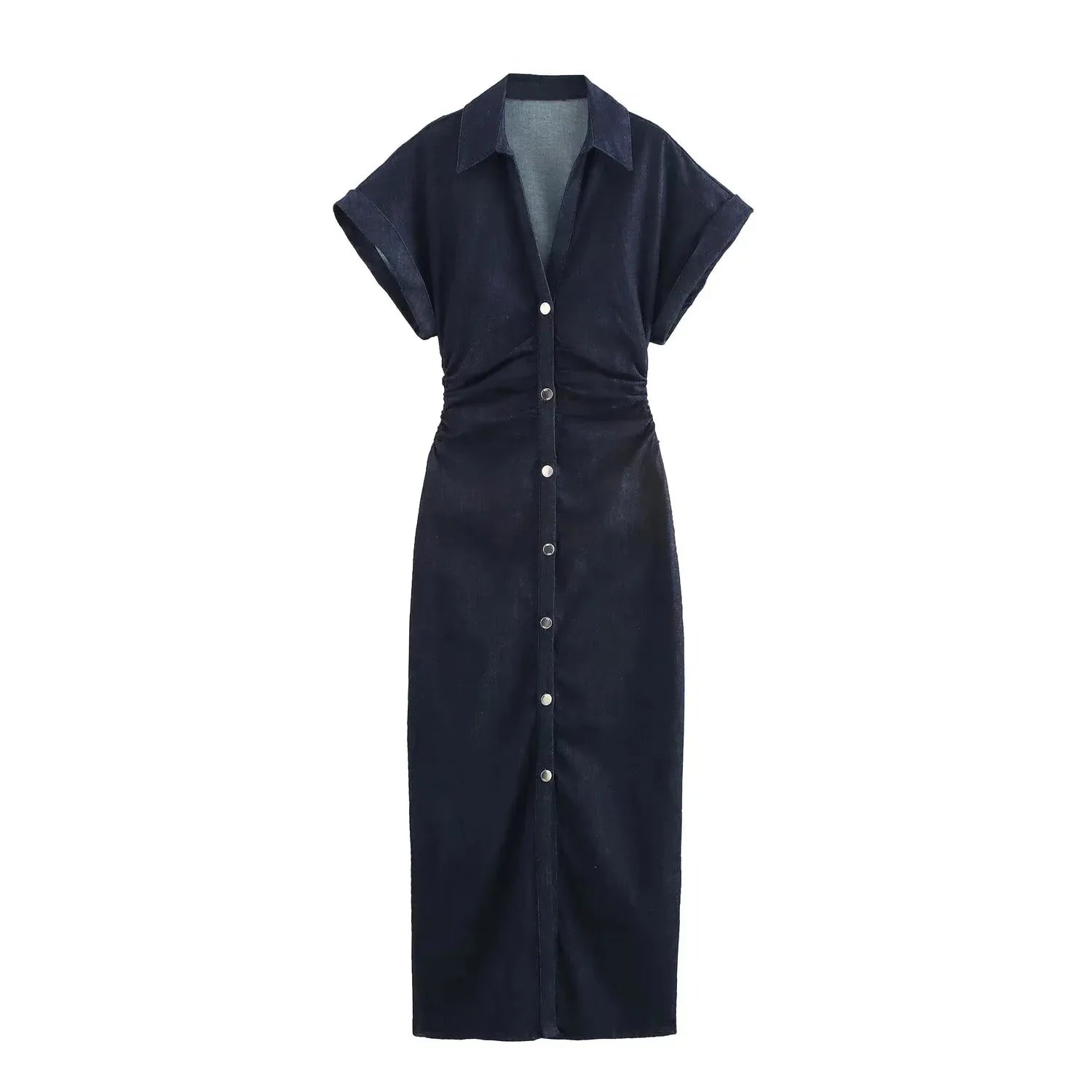 Women’s 2025 Denim Ruched Midi Dress