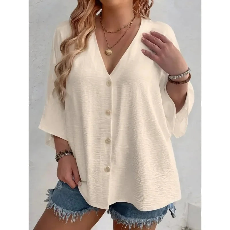 Women’s Plus-Size V-Neck Button T-Shirt