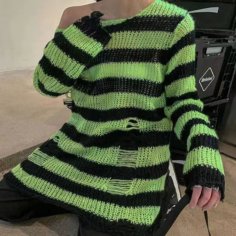 Unisex Punk Gothic Striped Hollow Sweater