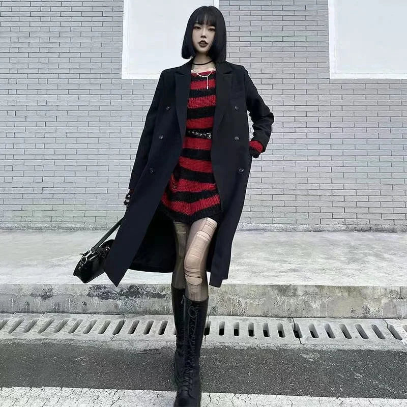 Unisex Punk Gothic Striped Hollow Sweater