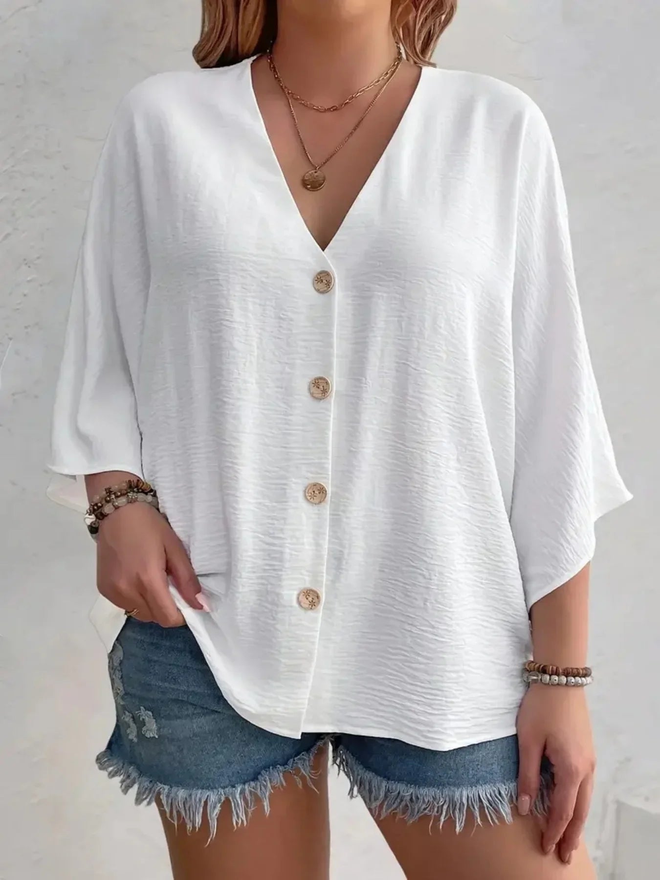 Women’s Plus-Size V-Neck Button T-Shirt