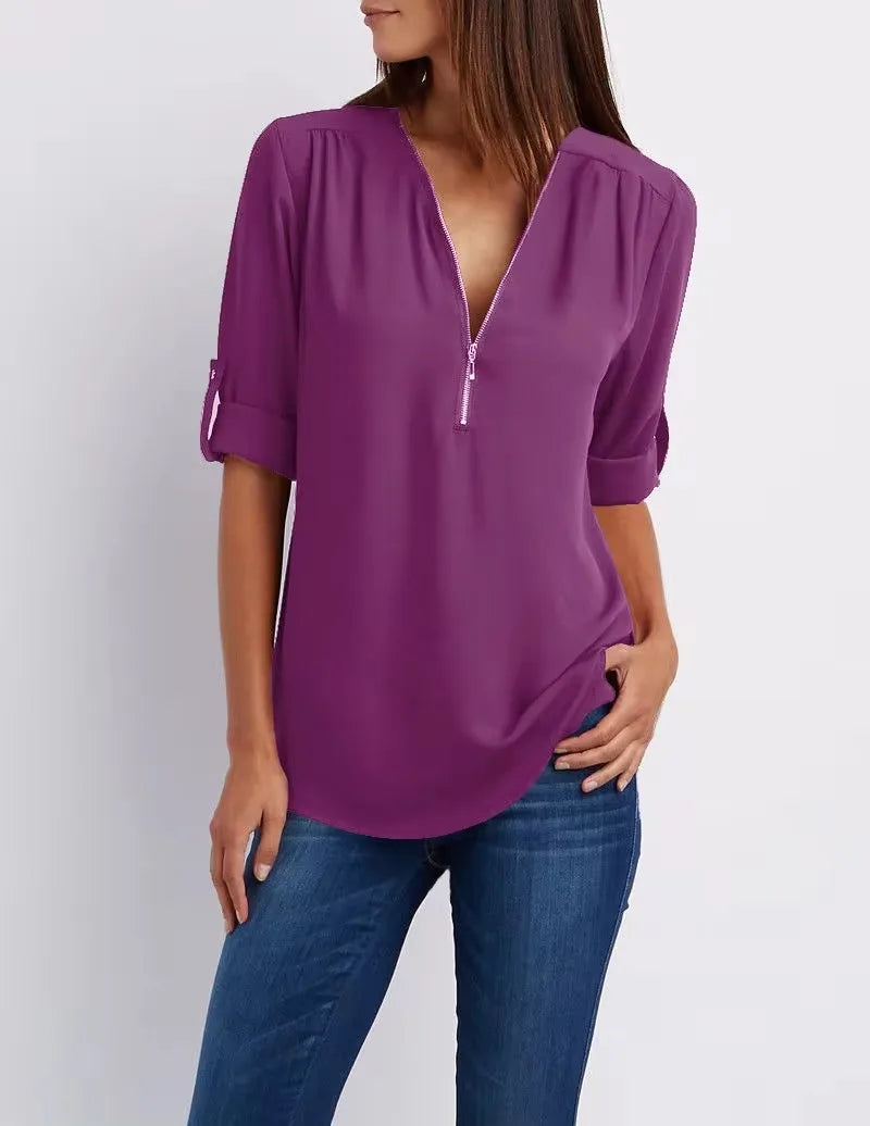 Women’s 2025 Loose V-Neck Chiffon Blouse