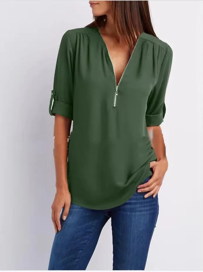 Women’s 2025 Loose V-Neck Chiffon Blouse