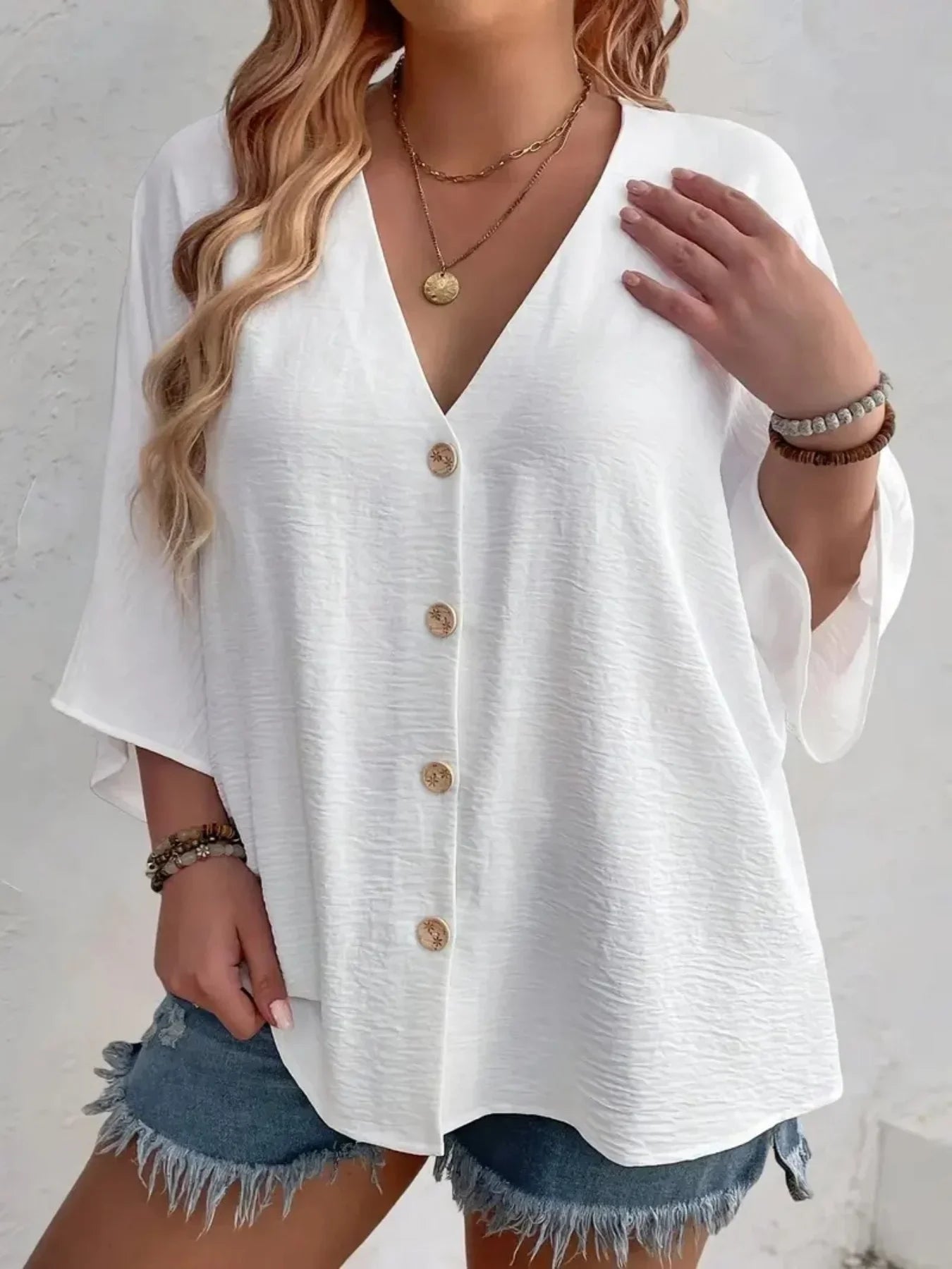 Women’s Plus-Size V-Neck Button T-Shirt