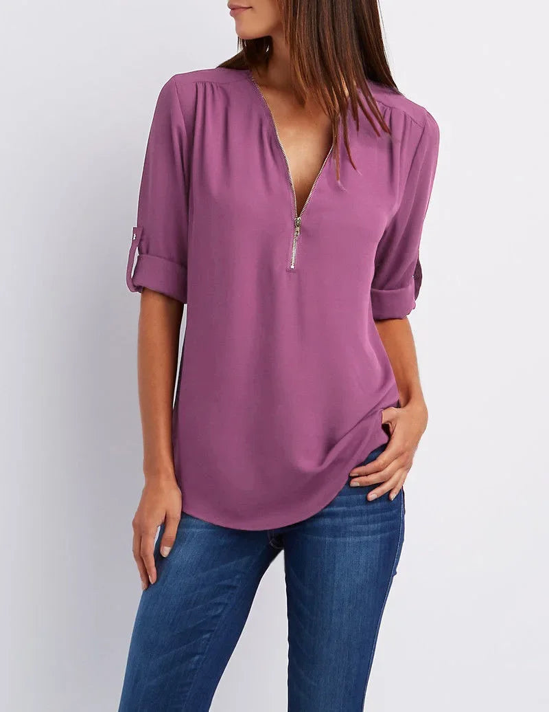 Women’s 2025 Loose V-Neck Chiffon Blouse