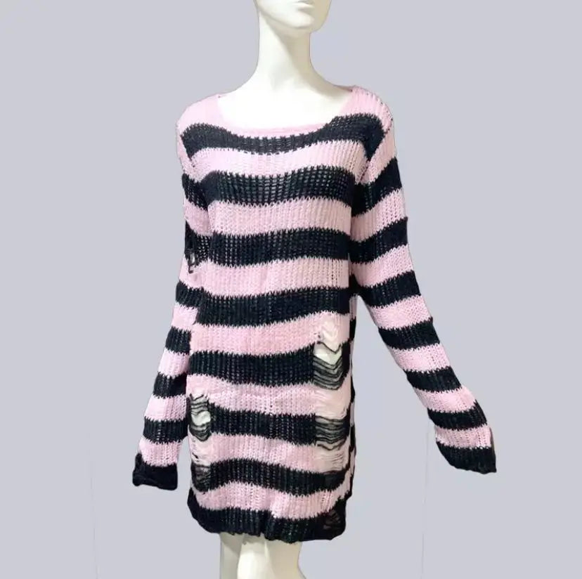Unisex Punk Gothic Striped Hollow Sweater