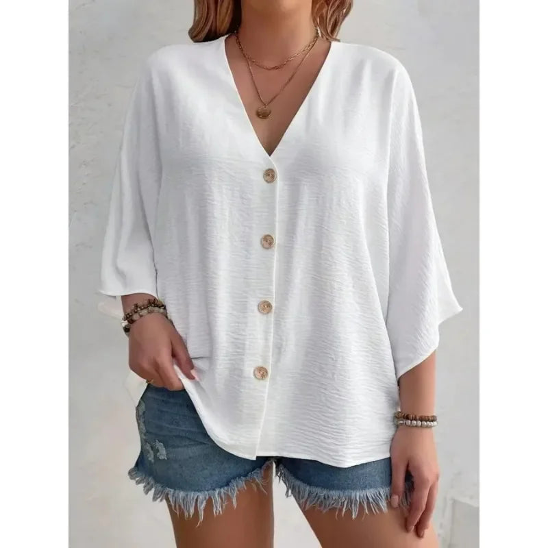 Women’s Plus-Size V-Neck Button T-Shirt