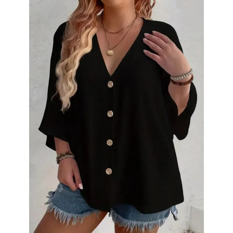 Women’s Plus-Size V-Neck Button T-Shirt