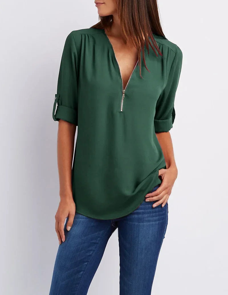 Women’s 2025 Loose V-Neck Chiffon Blouse