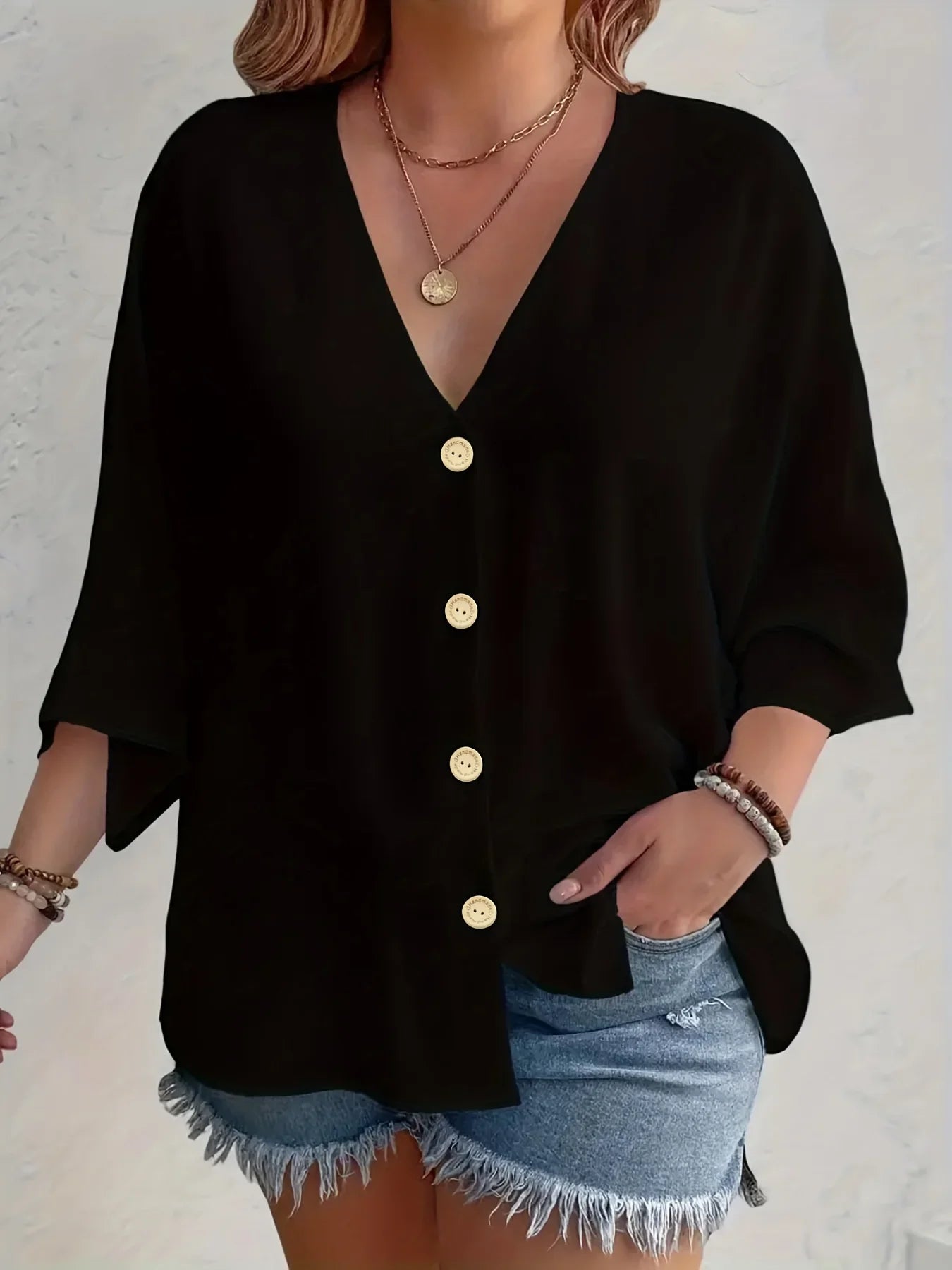 Women’s Plus-Size V-Neck Button T-Shirt