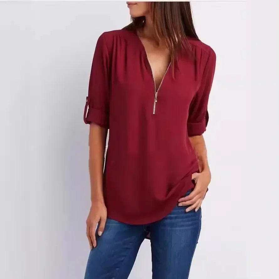 Women’s 2025 Loose V-Neck Chiffon Blouse