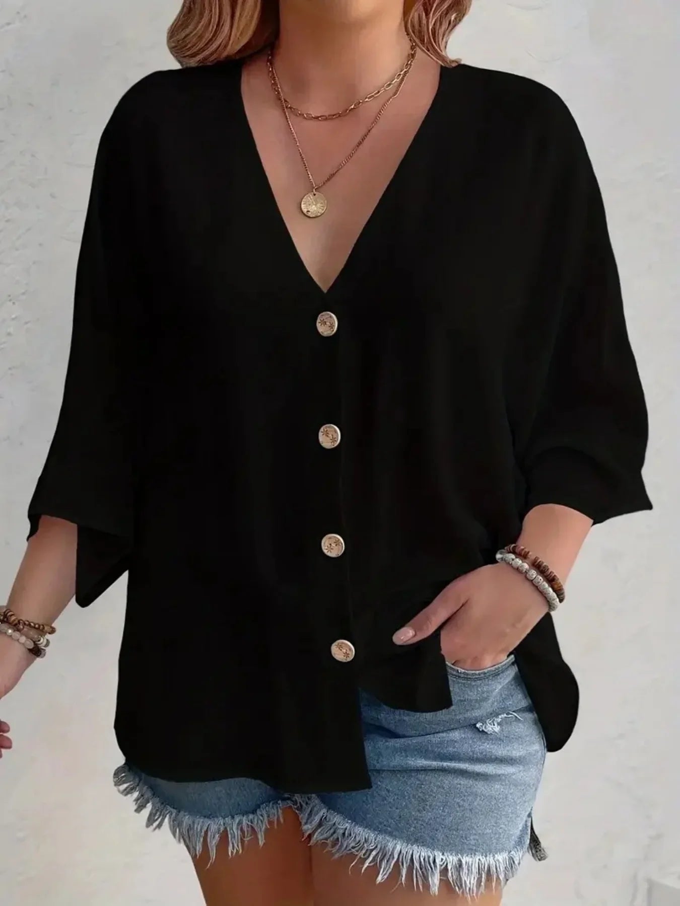 Women’s Plus-Size V-Neck Button T-Shirt
