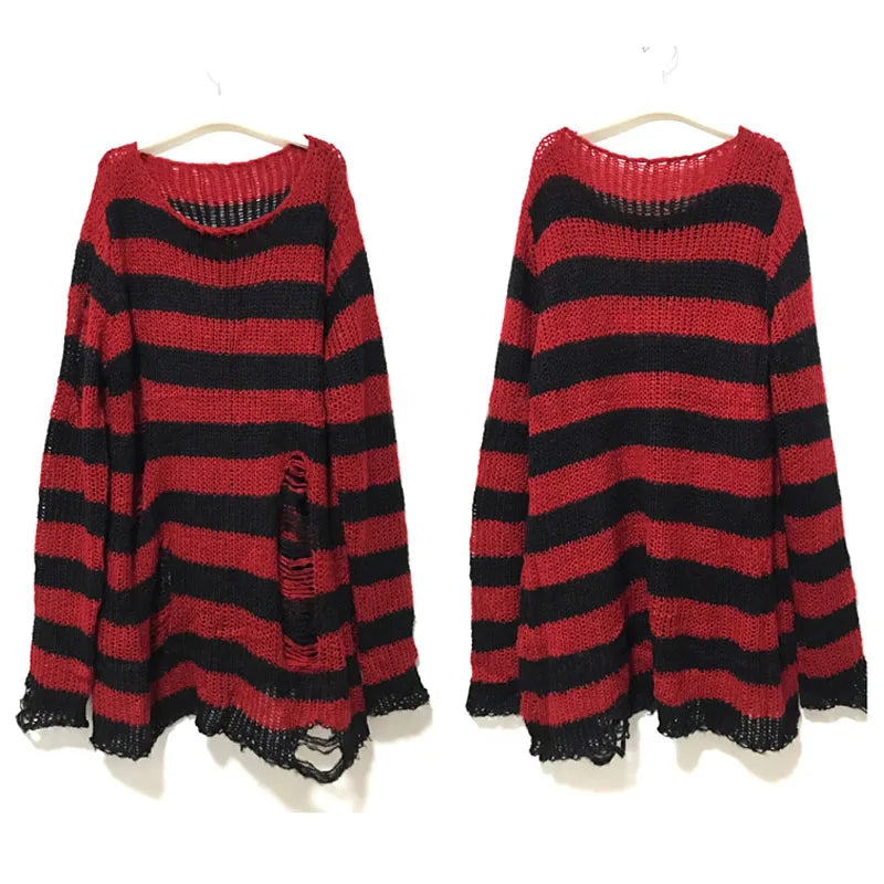 Unisex Punk Gothic Striped Hollow Sweater
