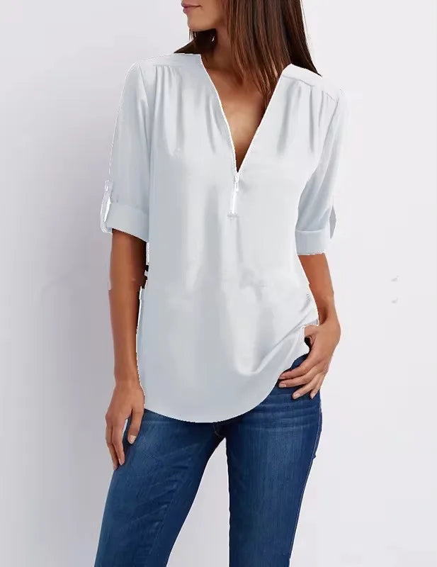 Women’s 2025 Loose V-Neck Chiffon Blouse