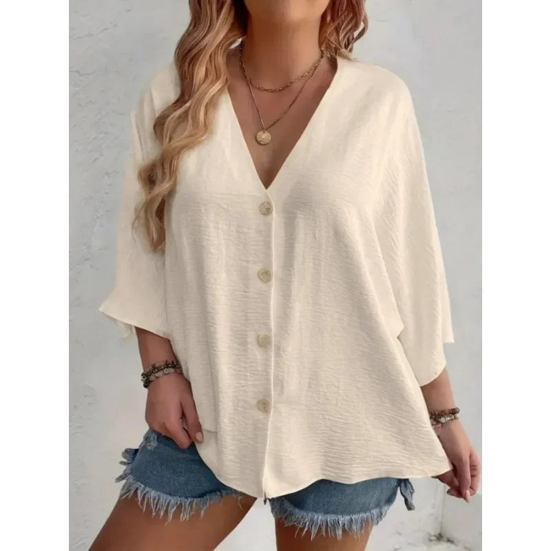 Women’s Plus-Size V-Neck Button T-Shirt