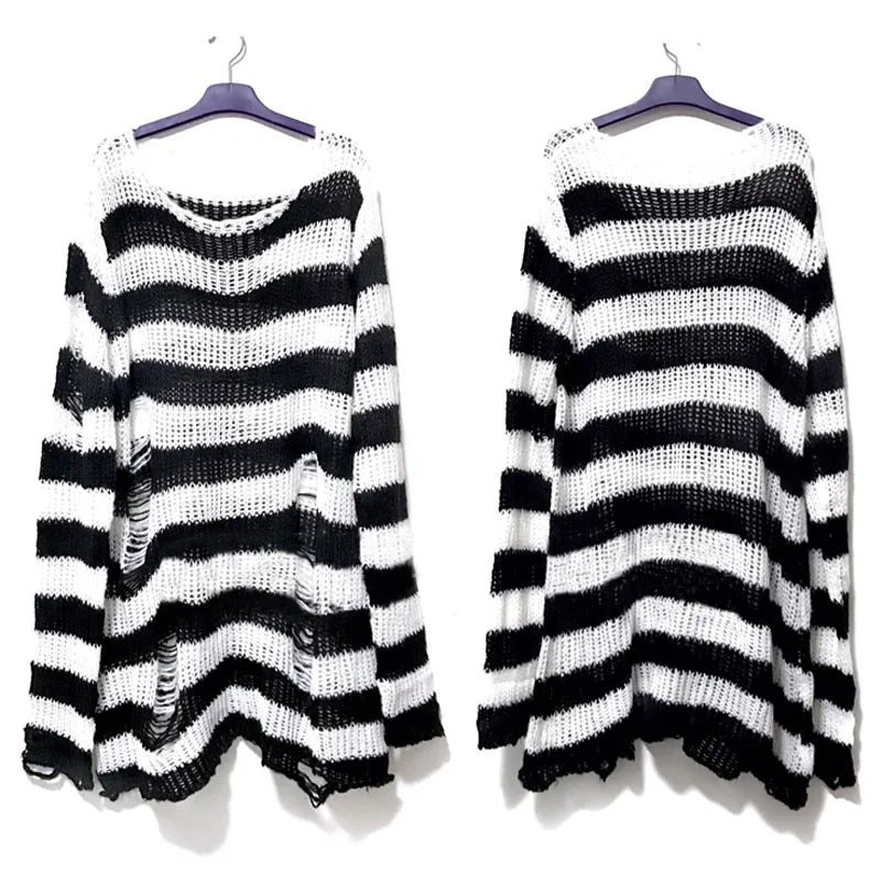 Unisex Punk Gothic Striped Hollow Sweater