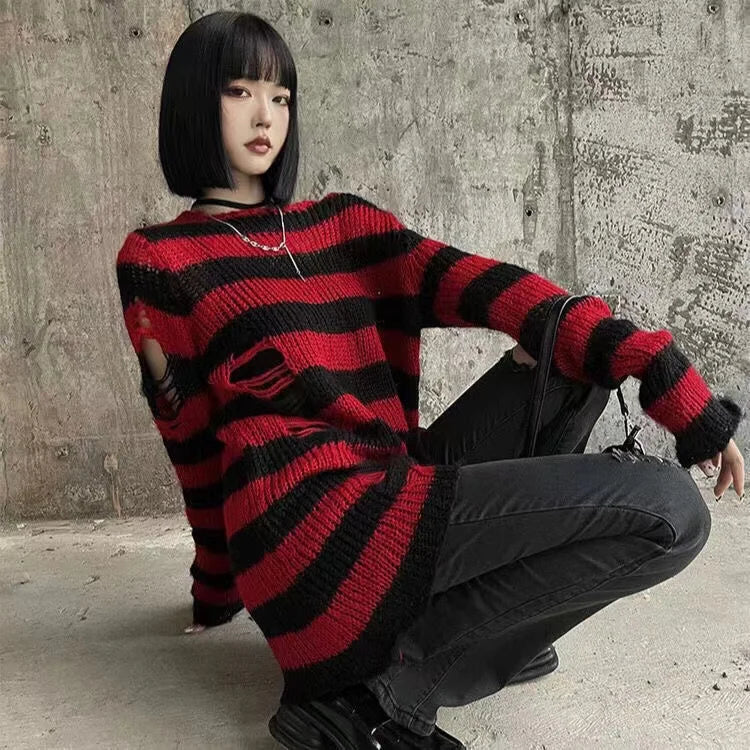 Unisex Punk Gothic Striped Hollow Sweater