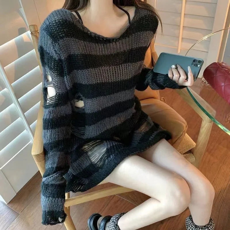Unisex Punk Gothic Striped Hollow Sweater