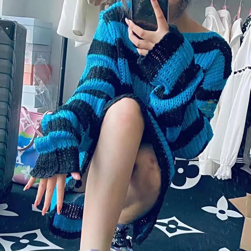 Unisex Punk Gothic Striped Hollow Sweater