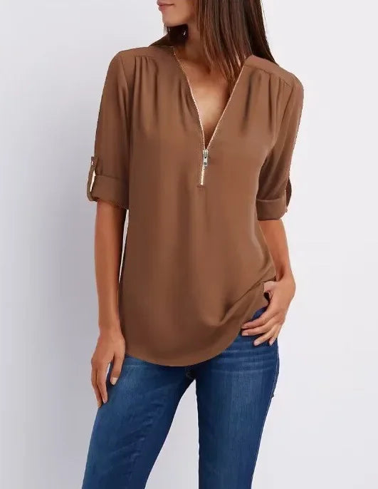 Women’s 2025 Loose V-Neck Chiffon Blouse