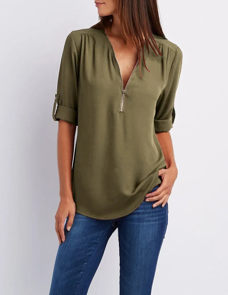 Women’s 2025 Loose V-Neck Chiffon Blouse