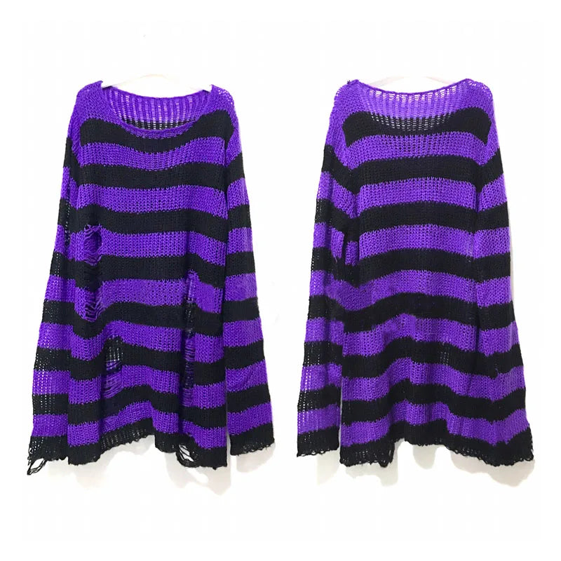 Unisex Punk Gothic Striped Hollow Sweater