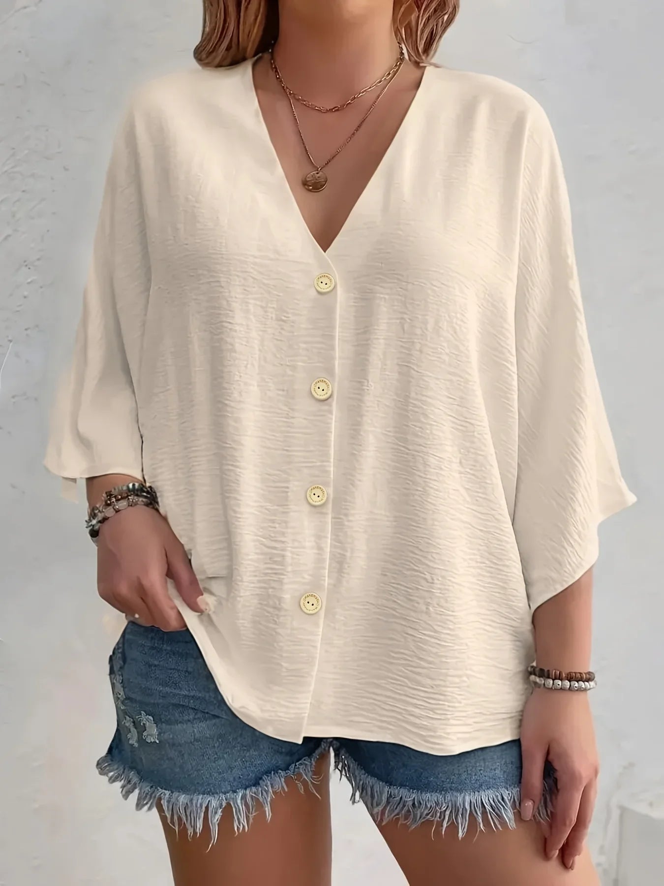 Women’s Plus-Size V-Neck Button T-Shirt
