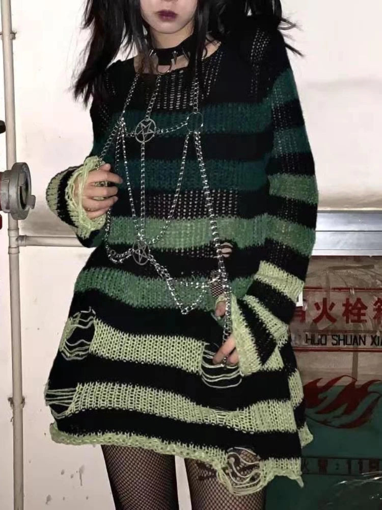 Unisex Punk Gothic Striped Hollow Sweater