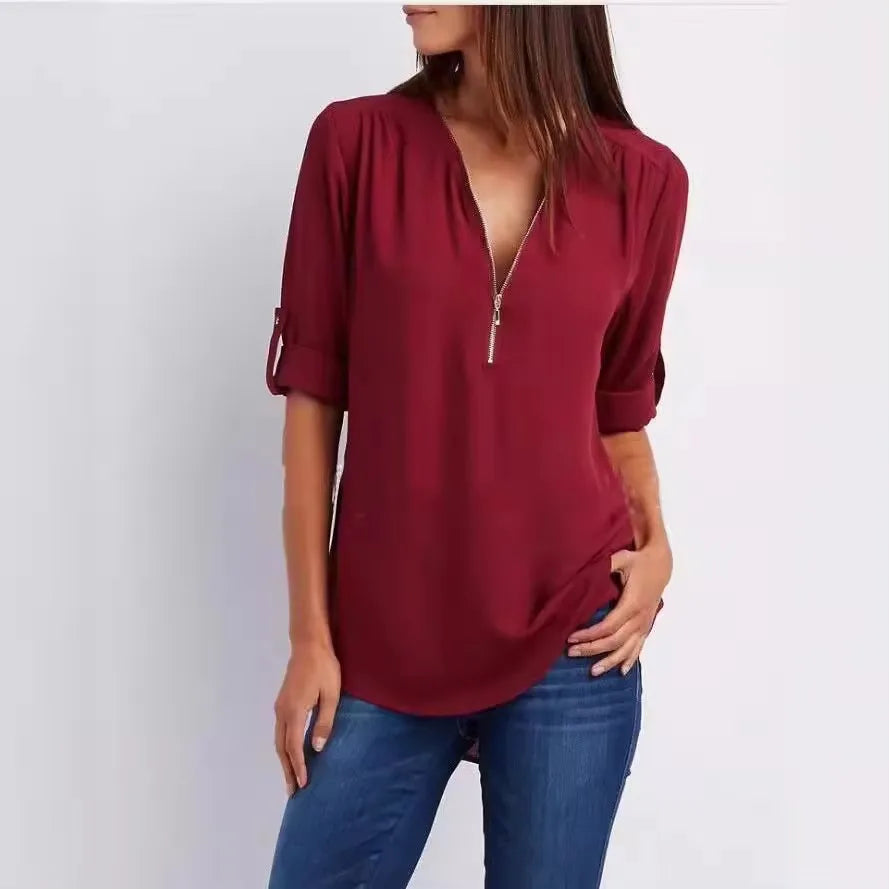 Women’s 2025 Loose V-Neck Chiffon Blouse