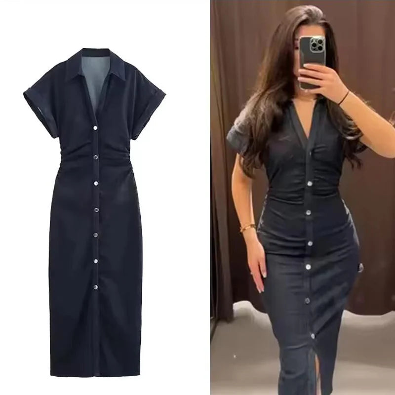Women’s 2025 Denim Ruched Midi Dress