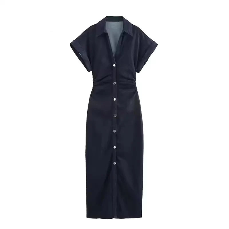 Women’s 2025 Denim Ruched Midi Dress