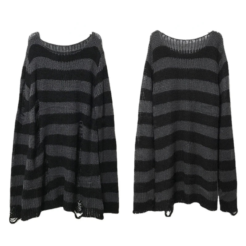 Unisex Punk Gothic Striped Hollow Sweater