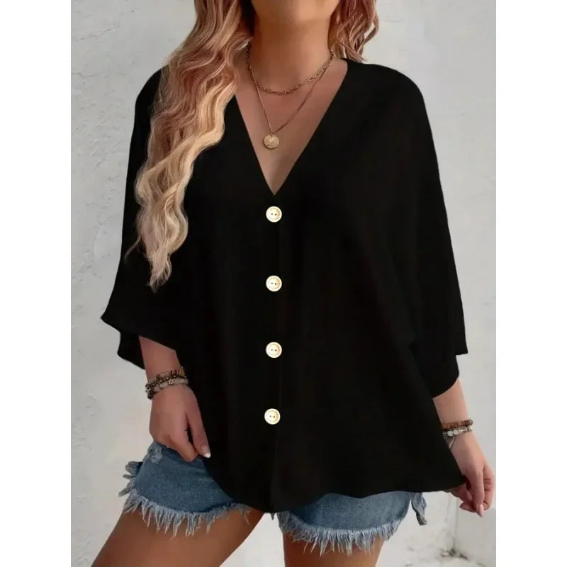 Women’s Plus-Size V-Neck Button T-Shirt